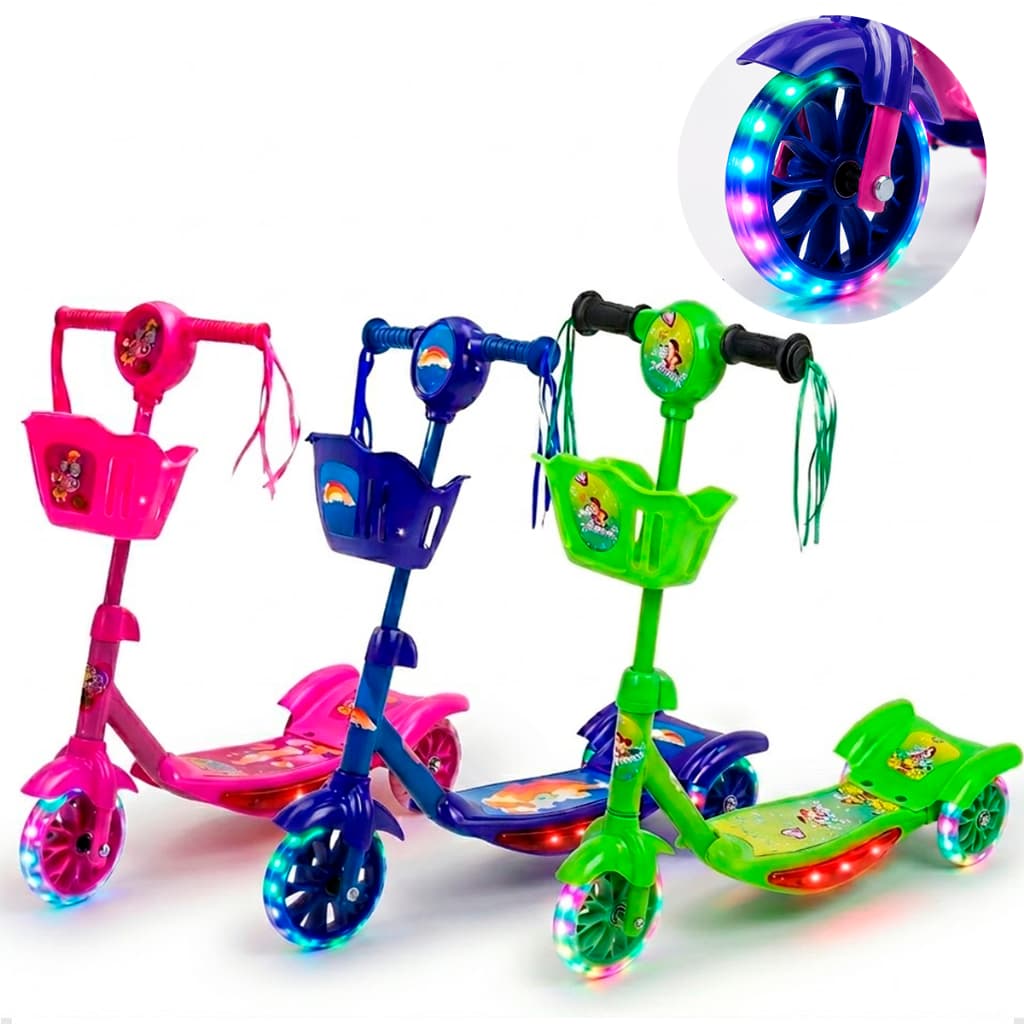 Patinete Infantil 3 Rodas Com Led E Som Dobrável Scooter Crianças Com Cestinha Rosa Azul Verde