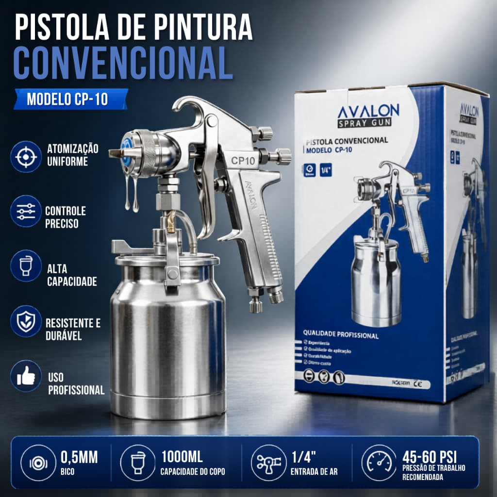 Pistola de Pintura Profissional Automotiva HVLP Avalon CP-10 1.8mm Copo 1 Litro Sucção Alta Produção