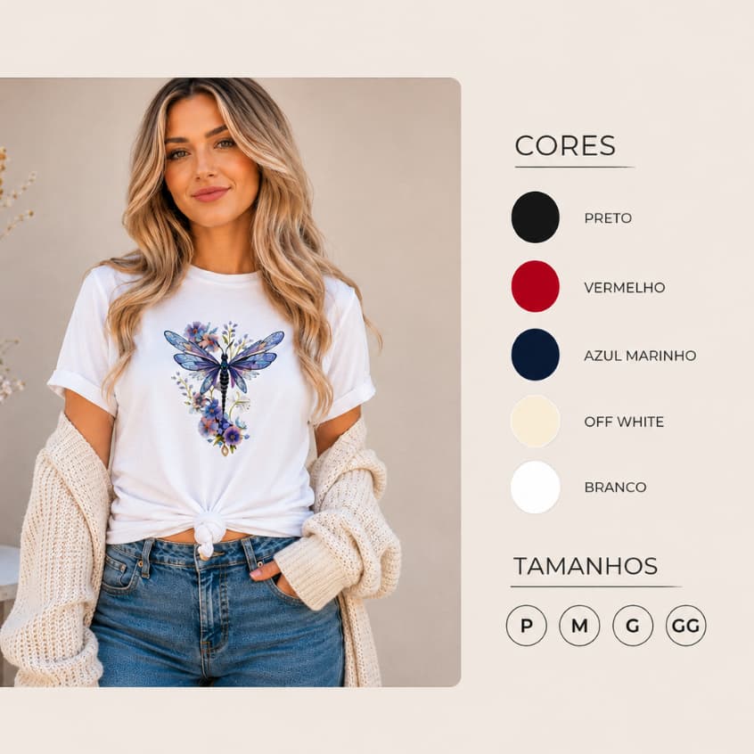 Camiseta Feminina  Libelula Azul, camisa feminina libelula, camisa casual, camiseta algodao