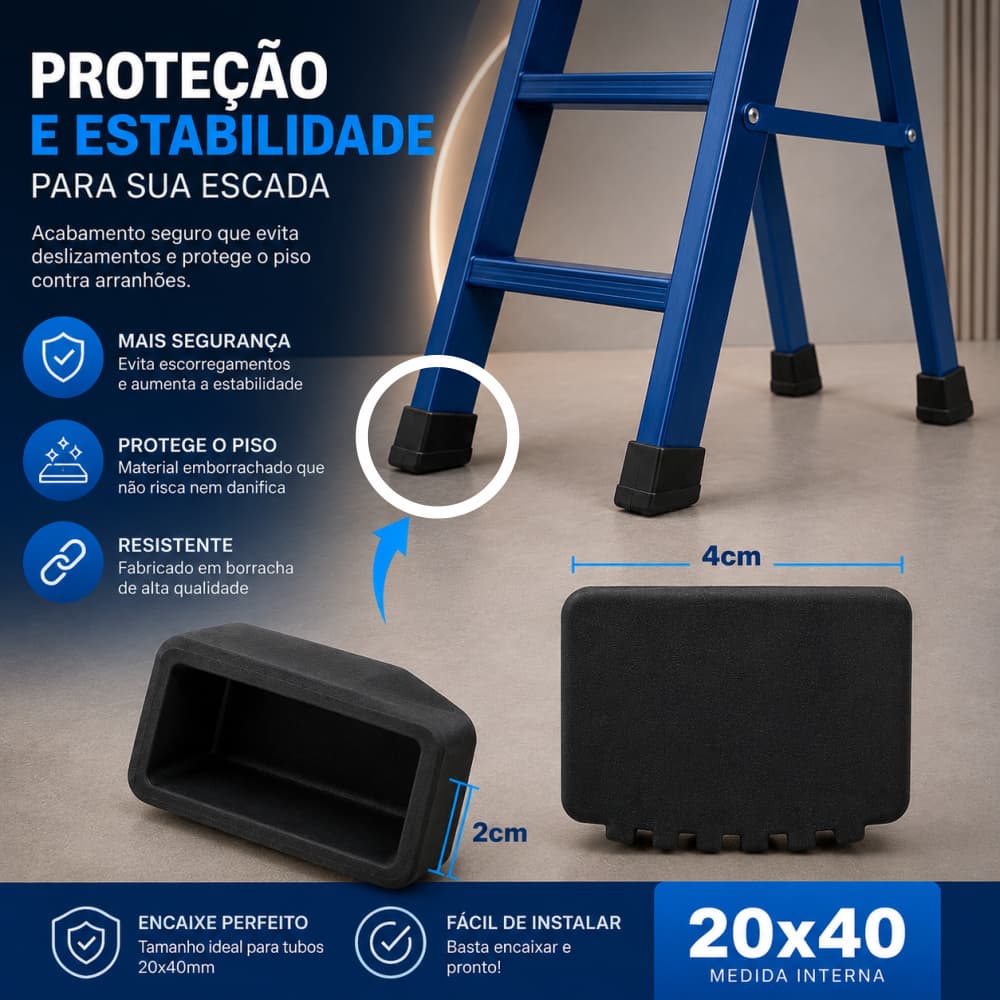 Sapata De Borracha Pé Para Escada Ponteira Externa Encaixe De 20x40mm KIT 02 - 04 - 06 - 08 - 12 UN