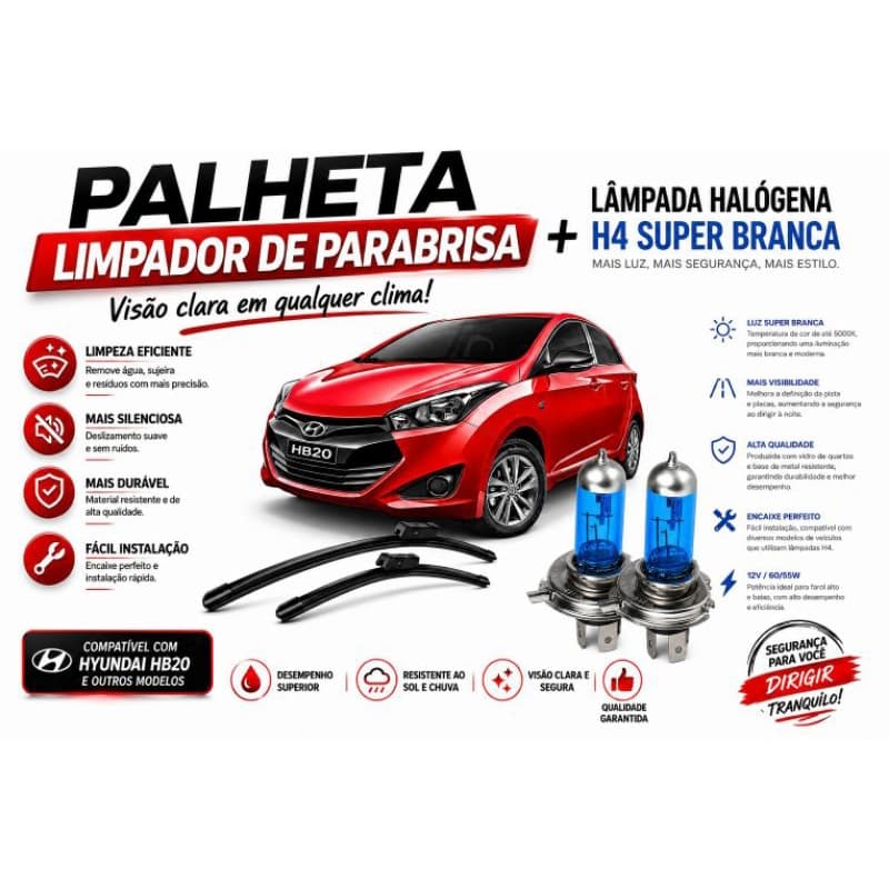 KIT lâmpada H4 super branca e Palheta Limpador de Parabrisa dianteiro HB 20 2013/2014/2015/2016/2017/2018/2019