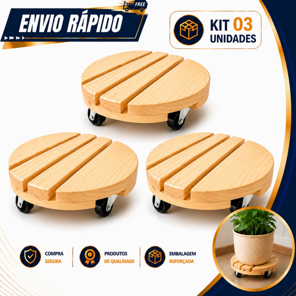 Kit 3 Suporte Botijão De Gás Vaso De Planta Com Rodinha Redondo Até 80kg 20cm 25cm 30cm