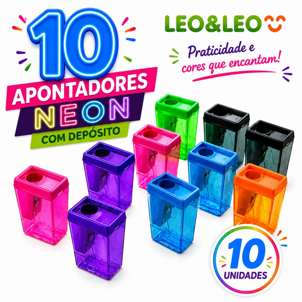 10 Apontadores com Depósito com 4 cm Neon Vibran Bloco 40 Leo e Leo Escola Escritório Arte