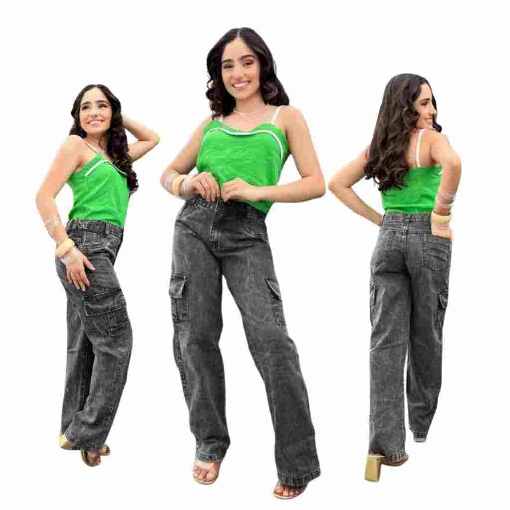 Calça Jeans Cargo grafite ajustável marmorizada Infantil Juvenil Feminina Grafite com Bolsos cargo Moda Blogueirinha