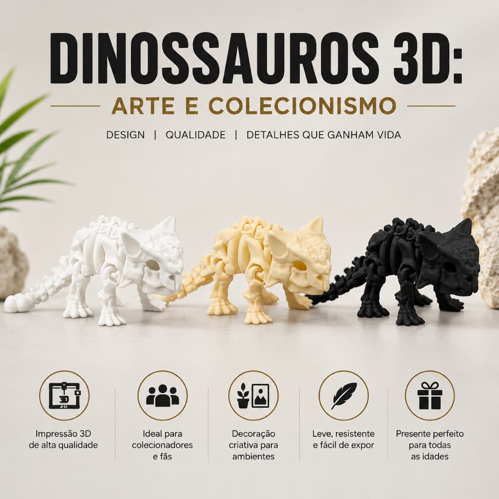 Esqueleto Dinossauro Articulado Ankylosaurus Colecionável em Impressão 3D