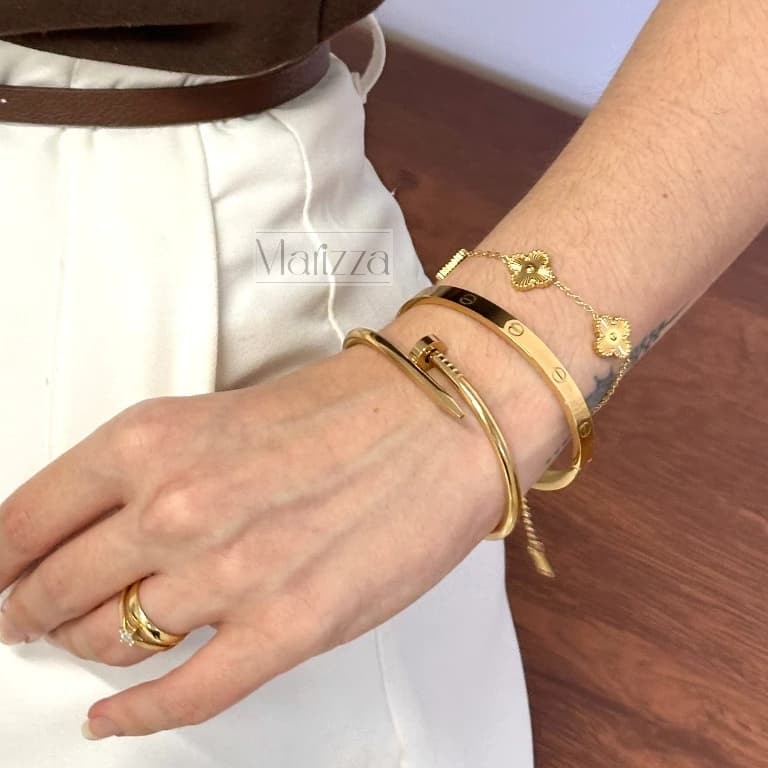 Kit Pulseira e Bracelete Feminino Aço Inox Dourado e Prata Marizza
