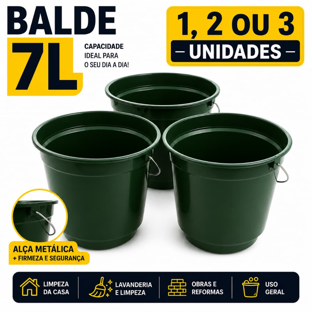 Kit Balde 7L Colorido 1 2 ou 3 Unidades Reforçado Alça Metálica Material Resistente Multiuso
