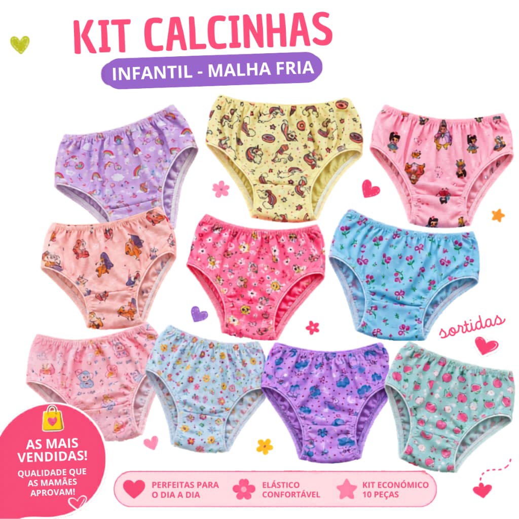 Kit Calcinha Infantil Menina com forro Estampada Atacado Revenda 100% Confortável - 05 -10 calsinhas