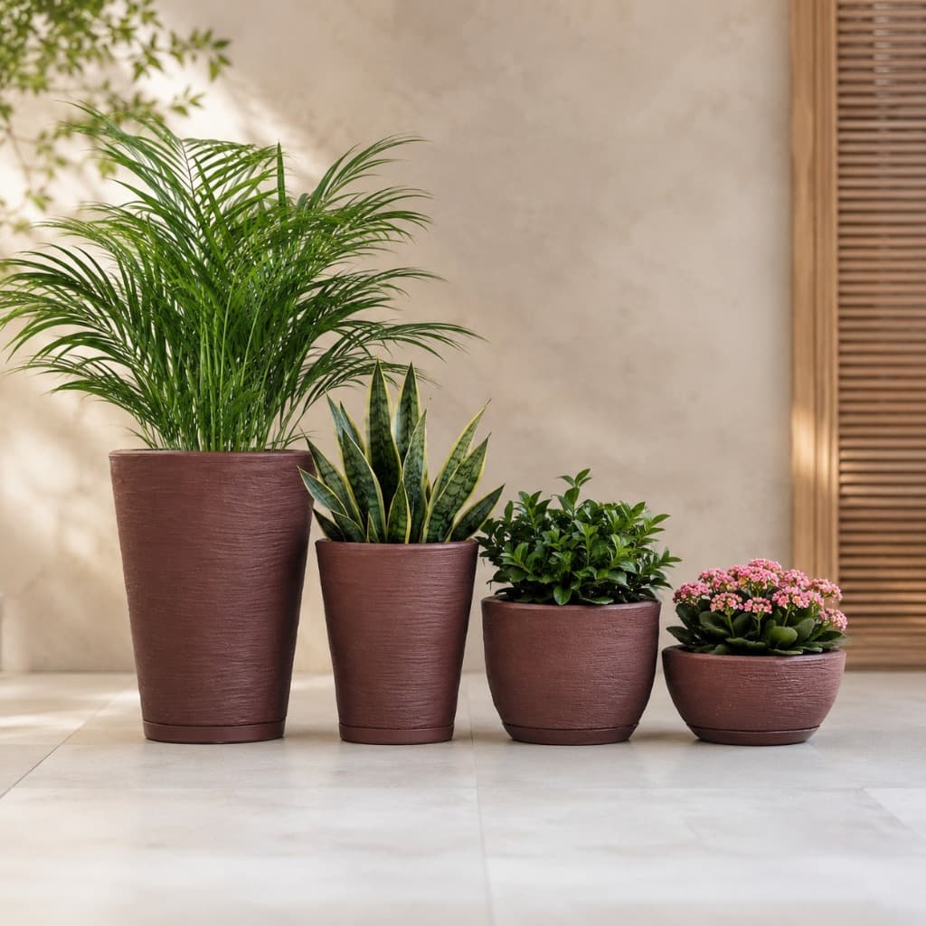 4 Vasos Para Plantas Flor Decorativo Escavado Textura Coluna Bojo Bacia Cuia com Prato Polietileno