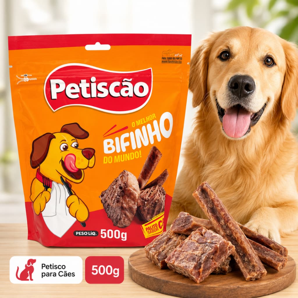 Petiscão Bifinho para Cães 500g Palito Sabor Carne Petisco para Todos os Portes