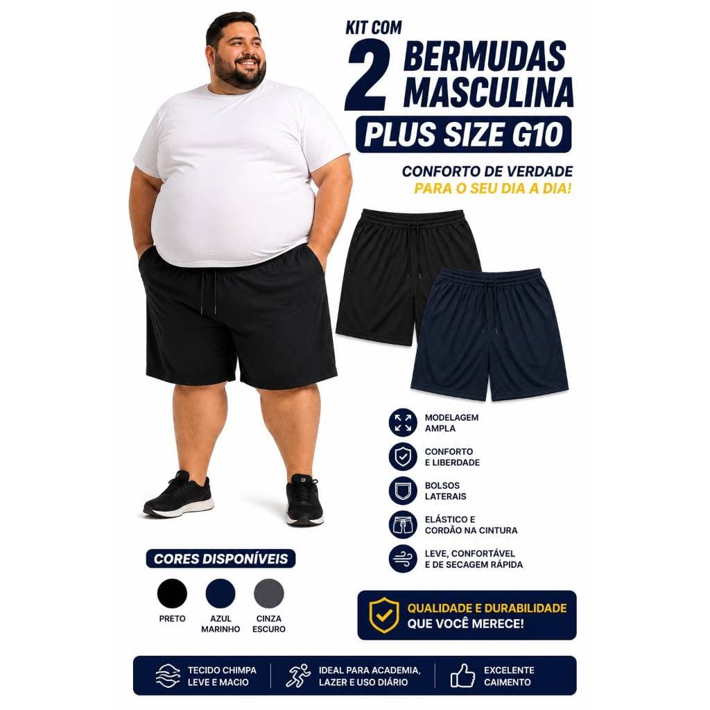 Kit 2 Bermudas Masculina Plus Size G10 Short Bolso e Elástico