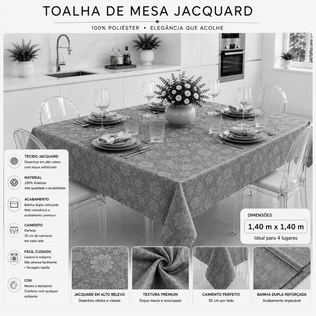 Toalha de Mesa Jacquard Luxo 1,40x1,40 Elegante Mesa Posta Retangular
