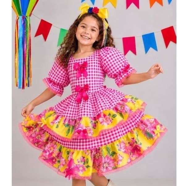 Vestido Junino Infantil Luxo Menina Festa Junina Caipira Rosa Super Fofo