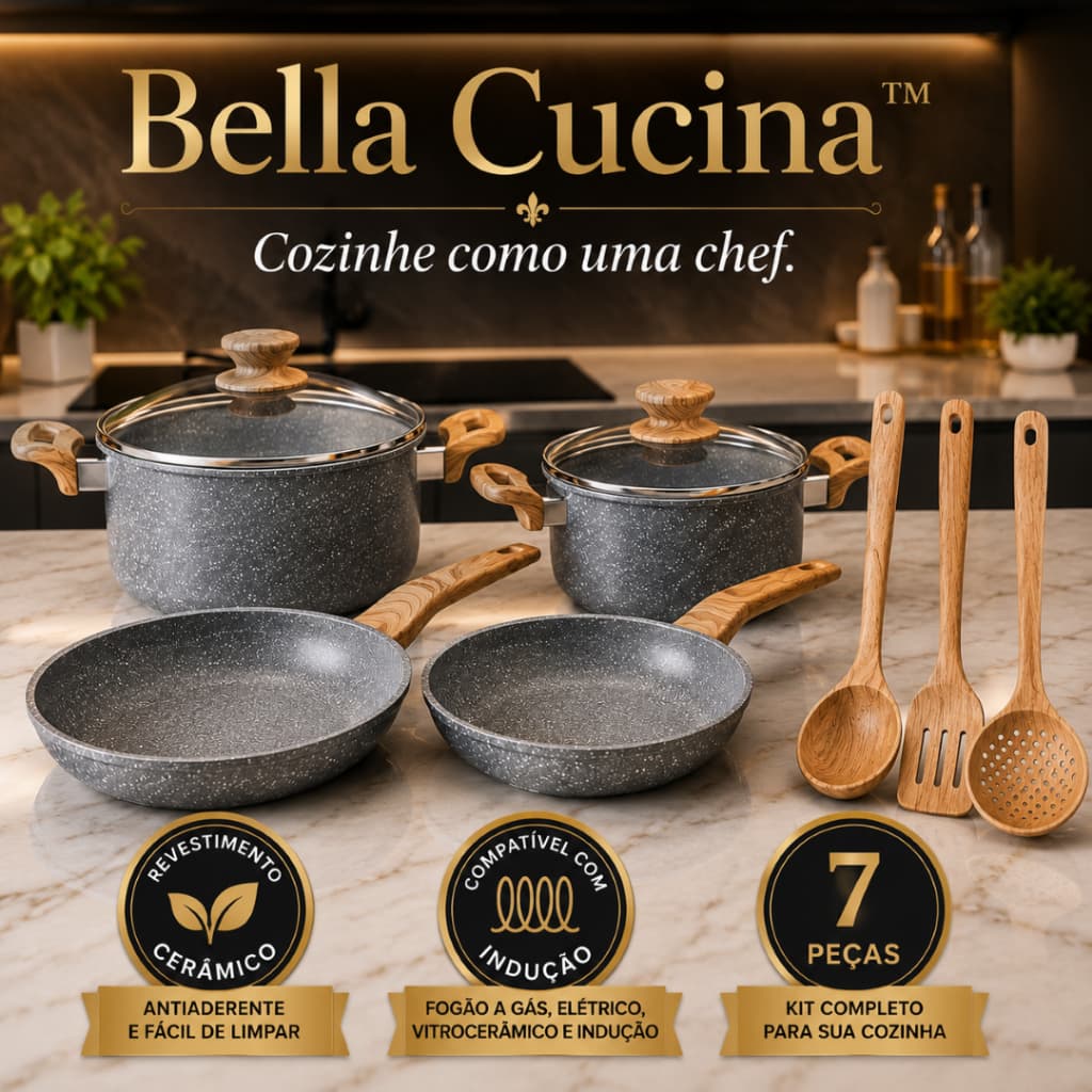 Kit 4 Panelas Cerâmicas Antiaderente 7 Peças com Utensílios Indução Gás Elétrico - Bella Cucina