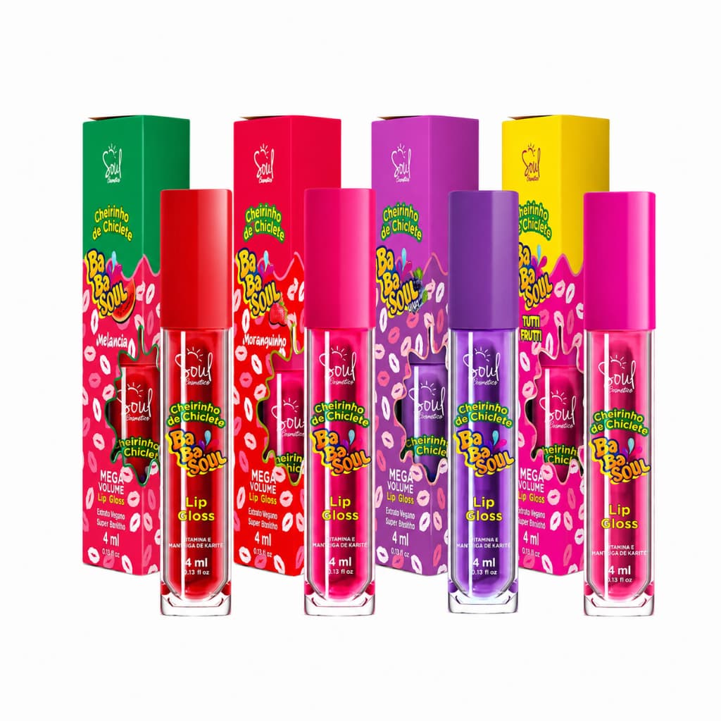 Lip Gloss Babasoul Volume 4ml - Tutti Frutti, Melancia, Uva e Morango - Cheirinho de Chiclete Soul