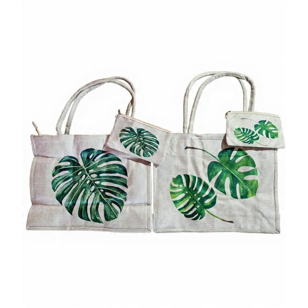 Bolsa Juta Tote Folha Costela de Adão Moda Tropical Feminina Estilo Verão Passeio Praia