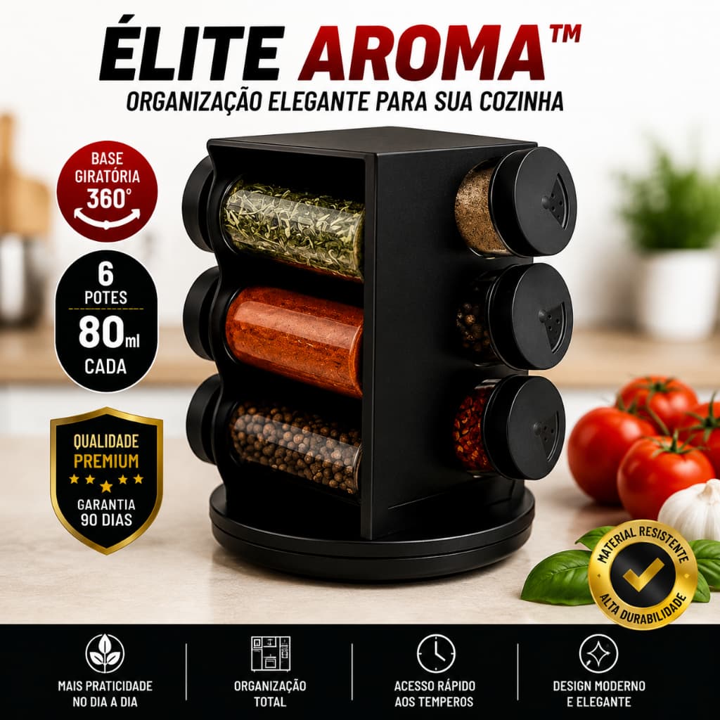 Porta Temperos Giratório 6 Potes 80ml Organizador Cozinha Preto Base 360°