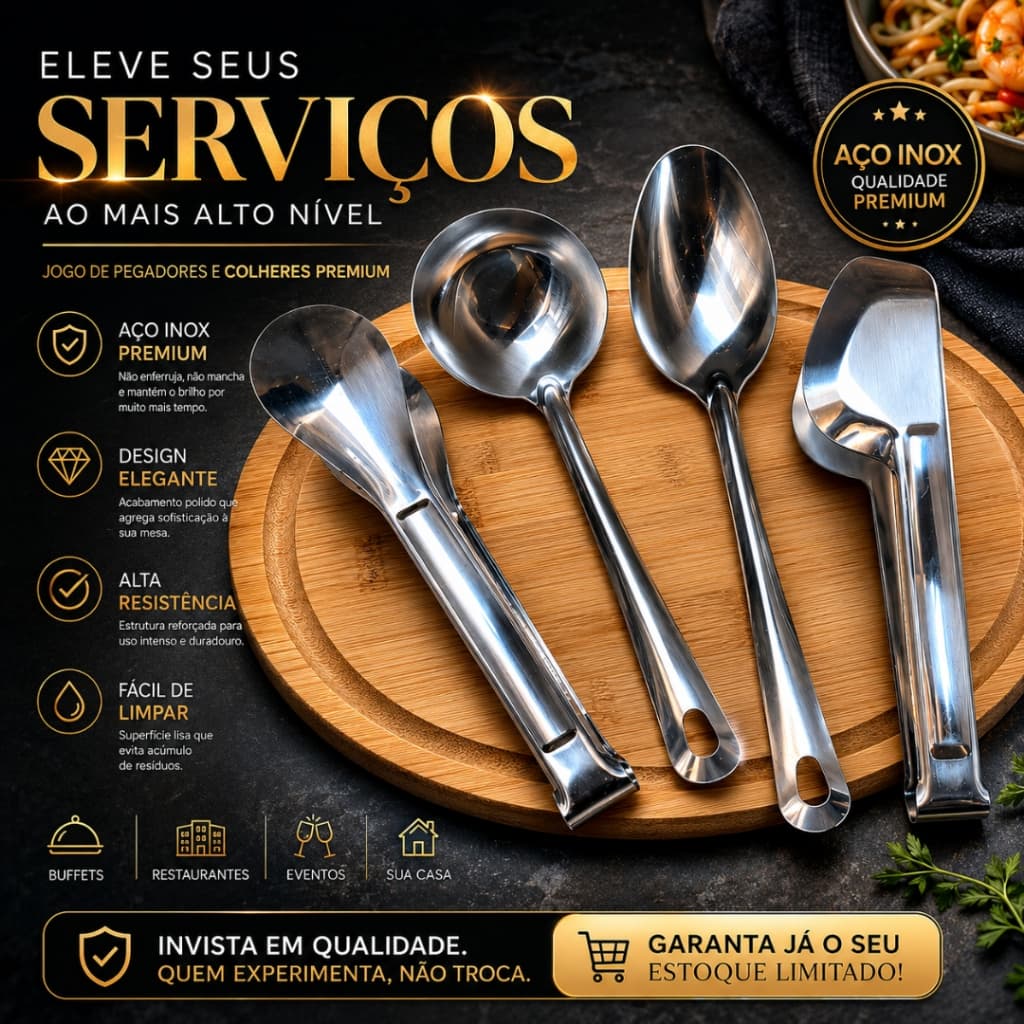 KIT 4 Peças Aço Inox Premium Pegador Salada Concha Colher de Arroz Pegador Universal