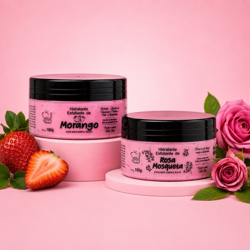 Hidratante Esfoliante Soul Cosméticos 180g | Corpo e rosto - Rosa mosqueta - Morango