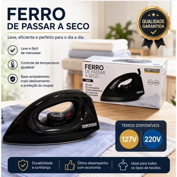 Ferro Passar Roupas Seco Profissional Leve E Compacto Design Moderno 127V OU 220V Preto