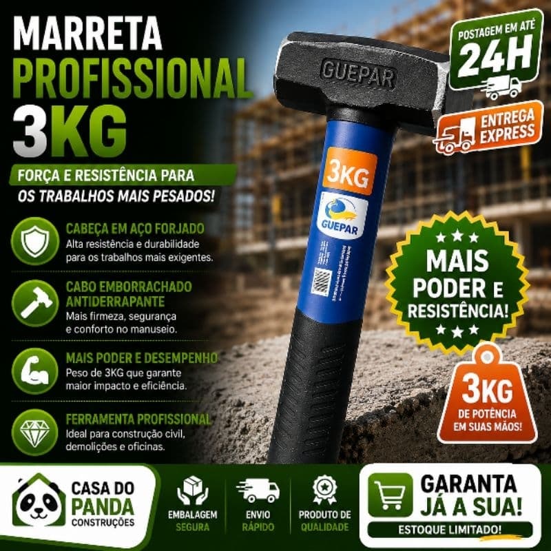 Marreta 3kg Profissional Aço Reforçado Cabo Emborrachado Guepar