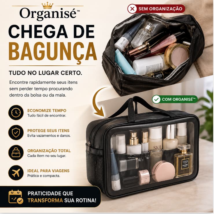 Organisé™ Necessaire Organizadora Viagem Multiuso Maquiagem Cosméticos Higiene Pessoal Com Alça e Bolsos