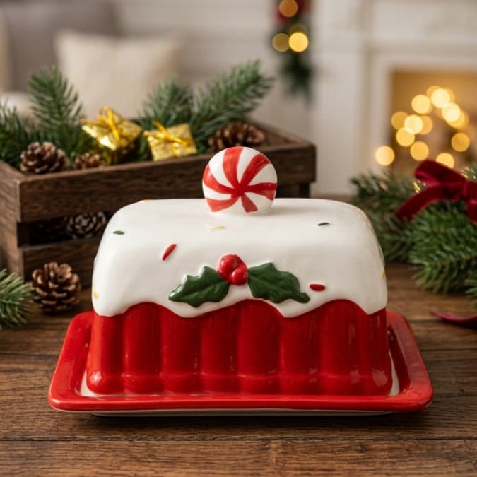 Manteigueira De Porcelana Natalina Com Tampa Porta Manteiga De Mesa Posta Decoração Candy Cane