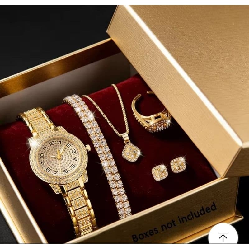 Relógio de luxo Feminino Dourado , Relógio de Pulso de Quartzo com Diamantes, Conjunto elegante de Relógio Feminino