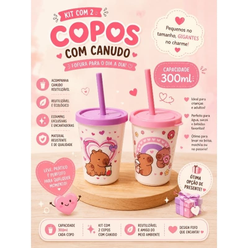 Kit 2 Copos Com Tampa e Canudo Capivara Fofa Infantil 300ml
