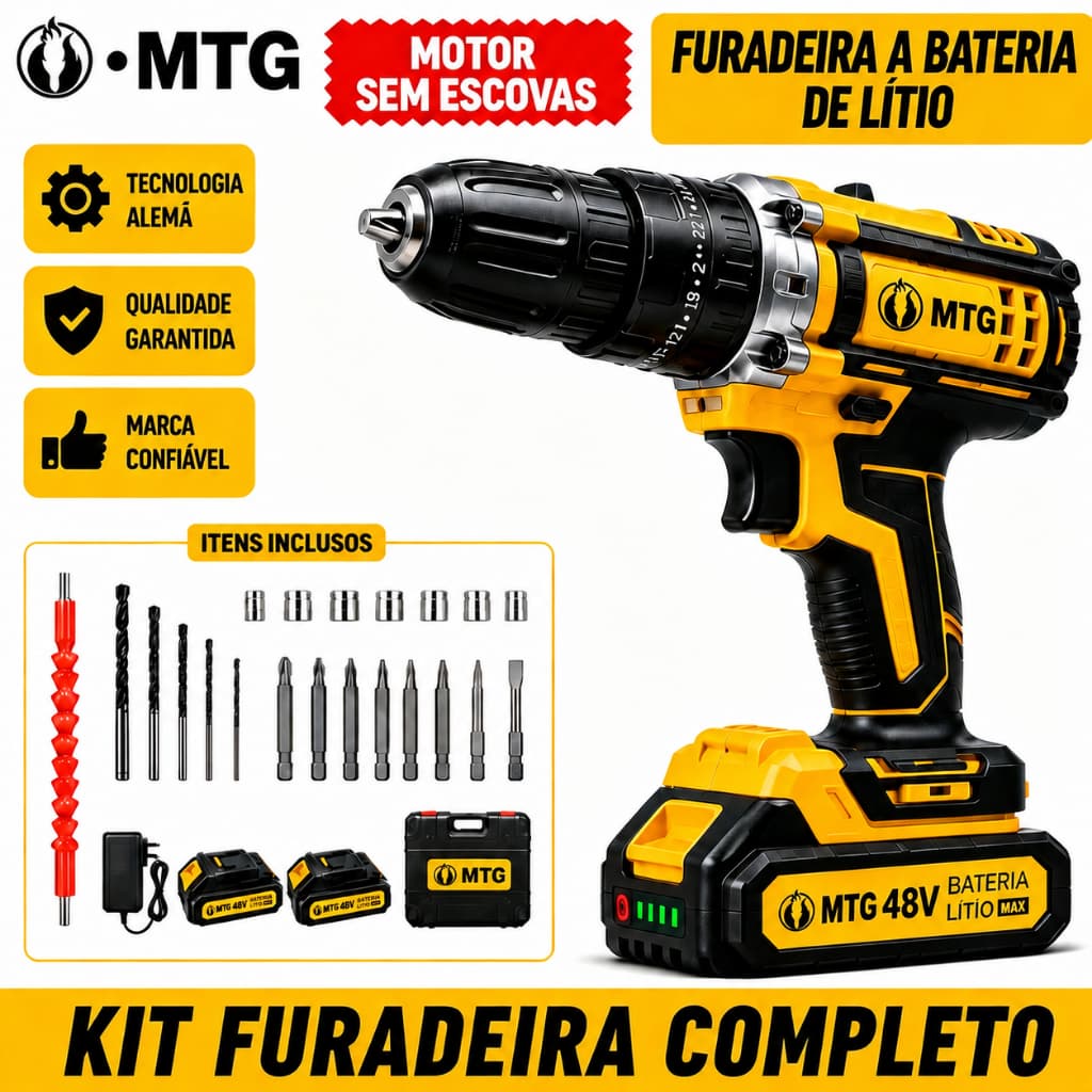 Parafusadeira e Furadeira 48V Profissional 2 Baterias Maleta Torque Ajustável