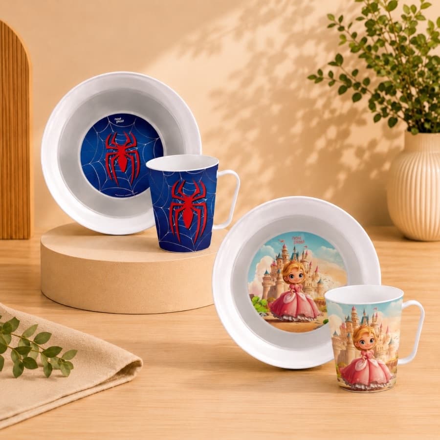Kit Infantil Prato E Caneca Personagens Menino E Menina Refeição Divertida Presente Crianças