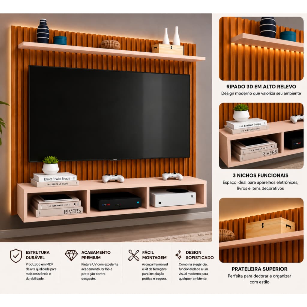 Painel Moderno Ripado 3D Para TVs de 43 até 60 Polegadas Para Quarto, Sala Com Nicho e Prateleira Espaçosa Integrada