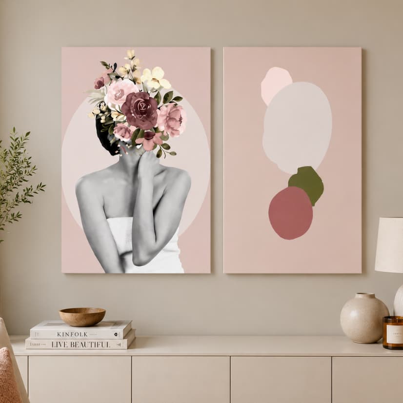 Kit 2 Quadros Decorativos Mulher Floral Moderna Luxo Rose Sala Quarto Hall Sem Moldura