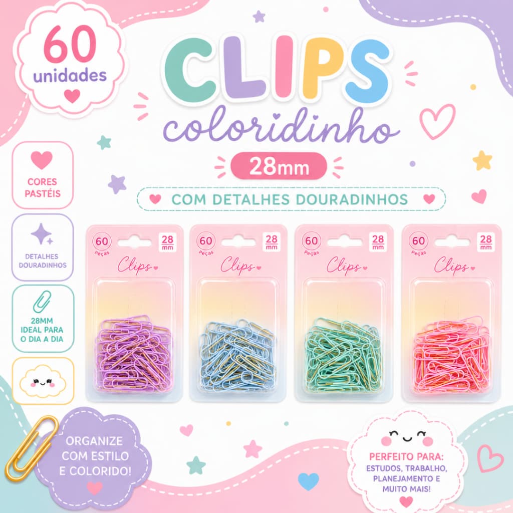 Clips Coloridos Candy Color 28mm 60 Unidades Papelaria Fofa Kawaii Material Escolar Escritório
