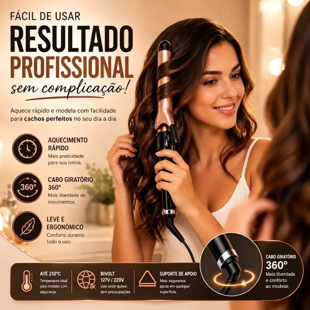 Modelador De Cachos Cônico Cerâmica 9mm ~ 25mm Aquecimento Rápido Bivolt com Cabo 360°