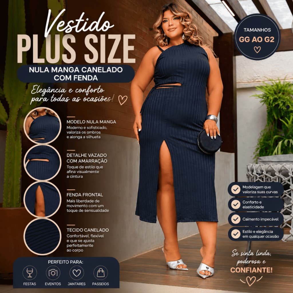 Vestido Feminino Plus Size Nula Manga Canelado com Fenda Midi Elegante Festa Evento