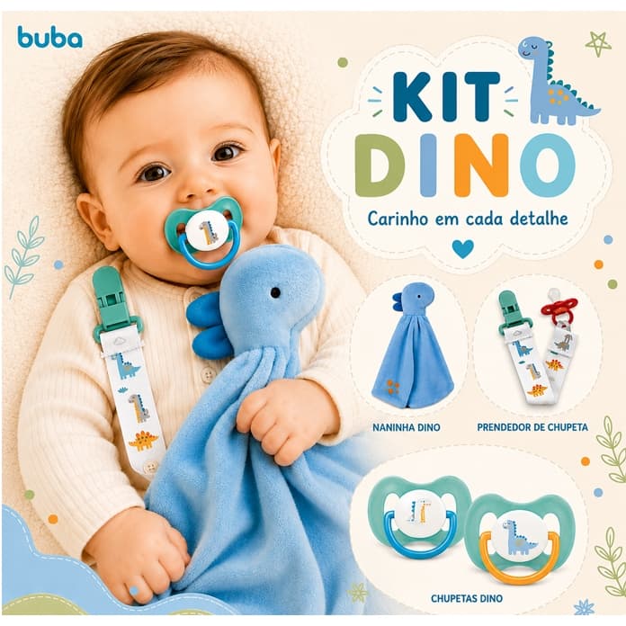 Kit  Buba Naninha Dino ou Unicórnio+ 2 Chupetas + Prendedor de Chupeta Buba Original
