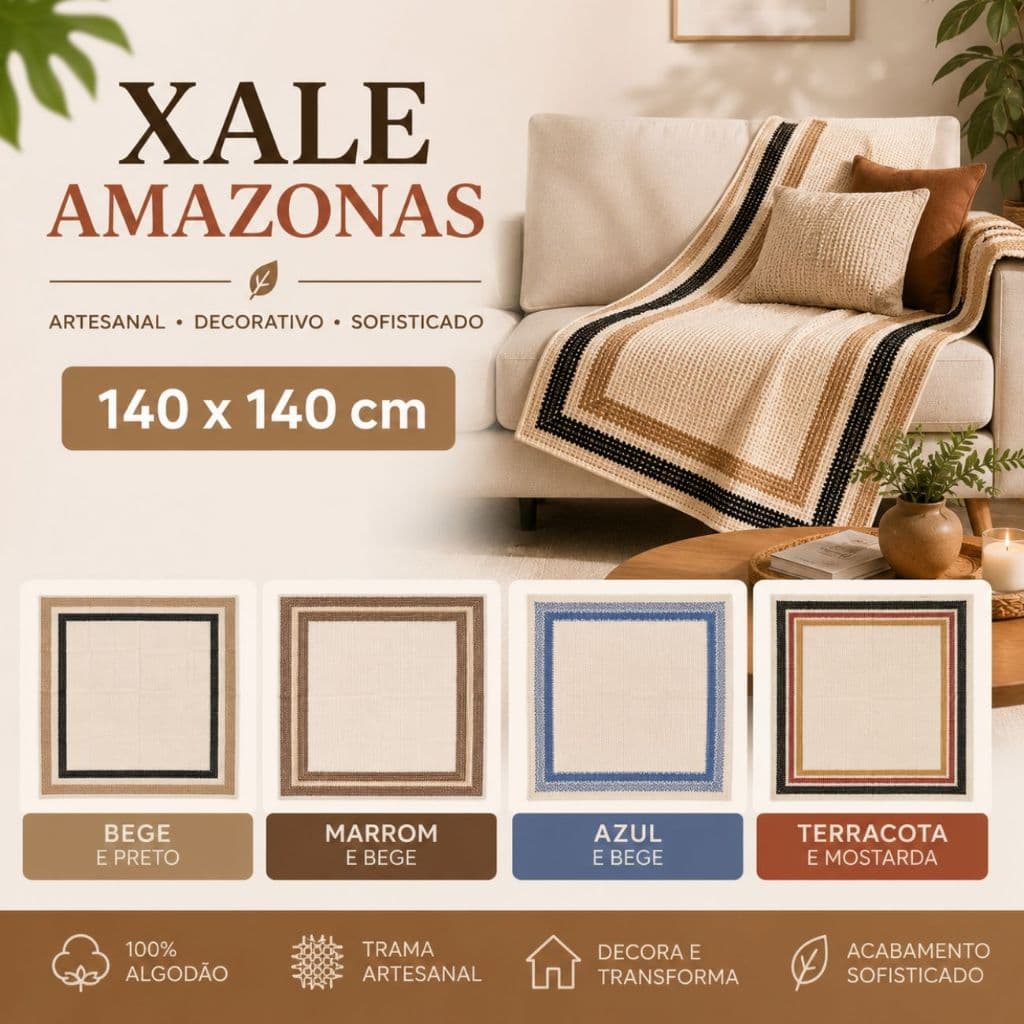 Xale Amazonas Artesanal 140x140cm 100% Algodão Manta Decorativa Para Sofá Poltrona Cama Acabamento Sofisticado