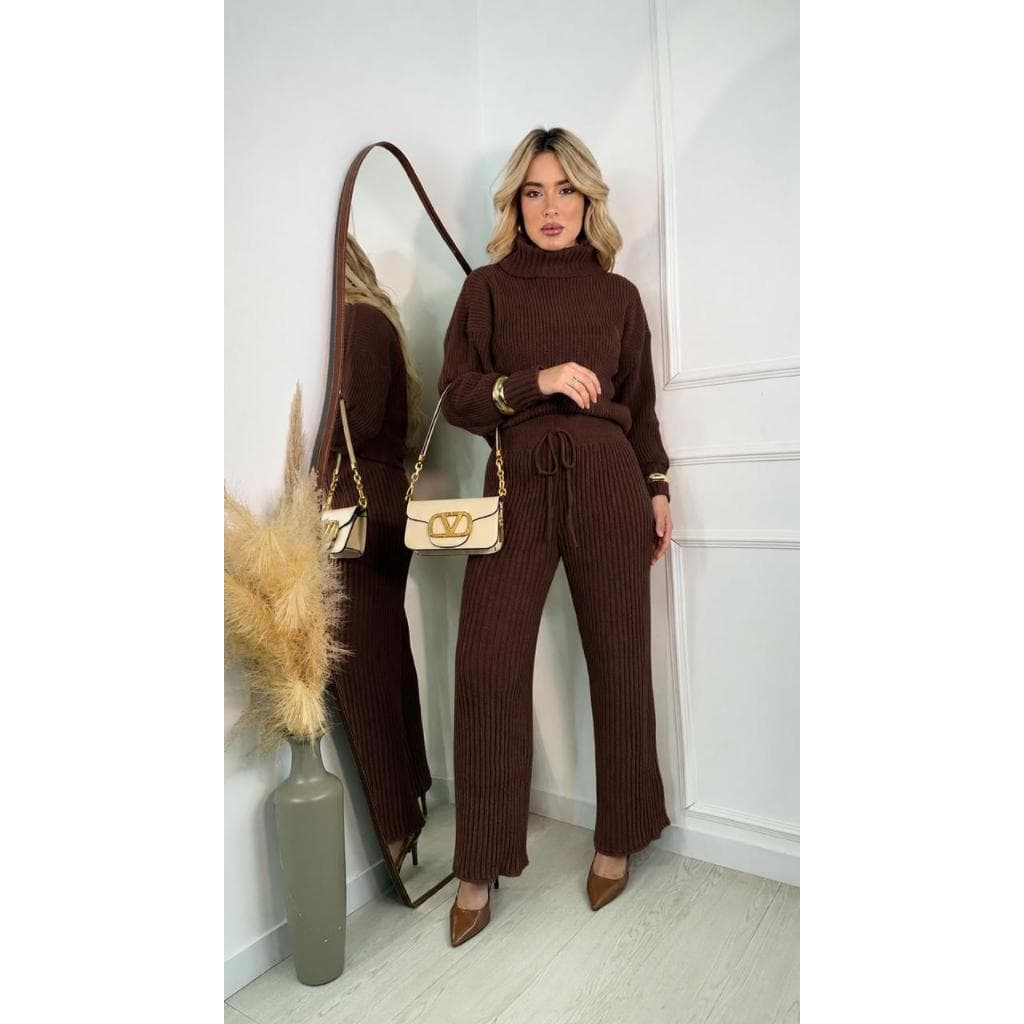 Conjunto Tricot Mousse Gola Alta Pantalona Cropped Feminina Roupa Feminina Blusa Feminina de Frio