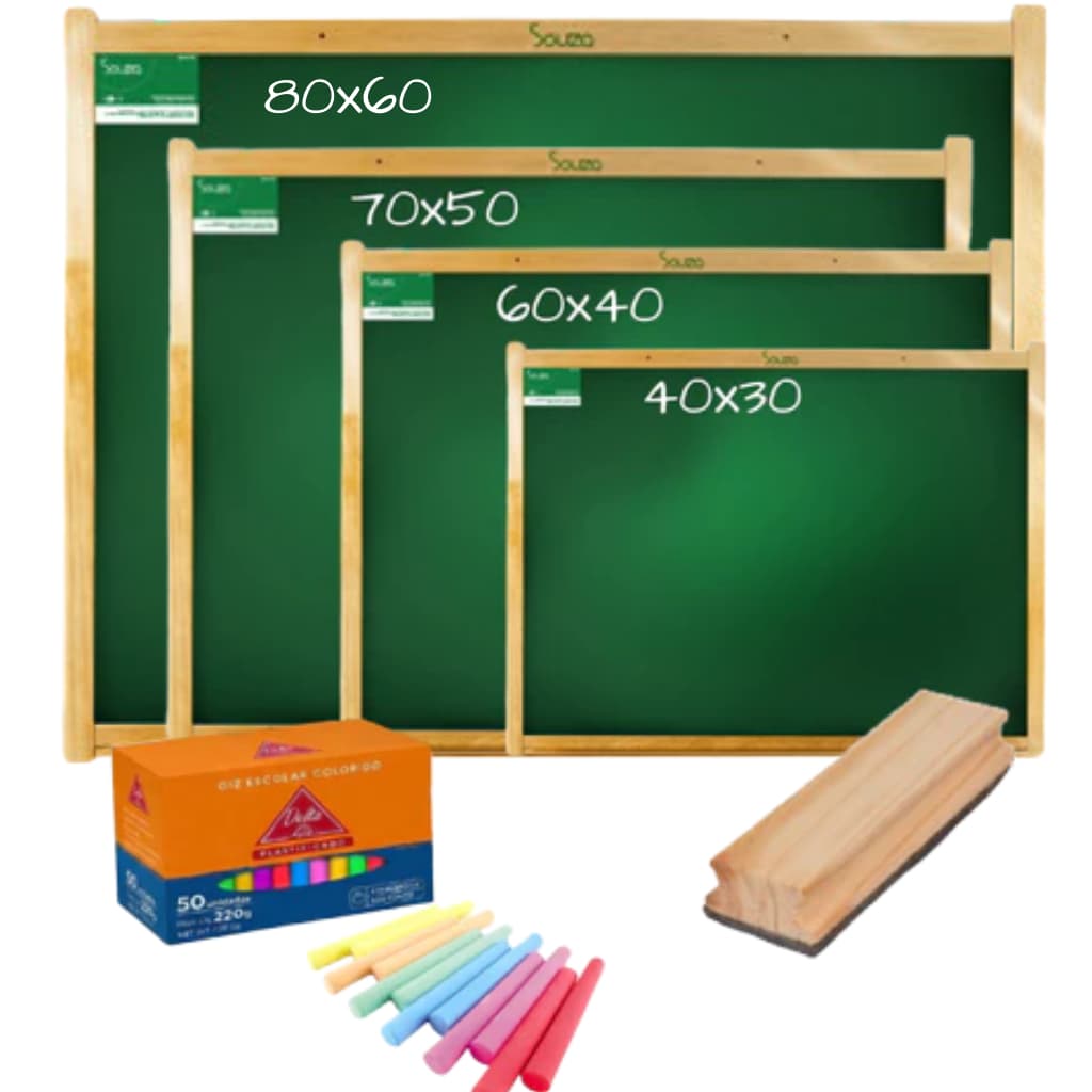 Kit Lousa Verde Quadro Negro Escolar Infantil 40x30 60x40 70x50 80x60 Apagador e 10 Gizes - Souza