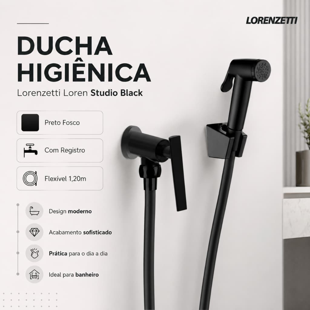 Ducha Higiênica Lorenzetti Loren Studio Black Preto Fosco Com Registro Flexível 1,20m