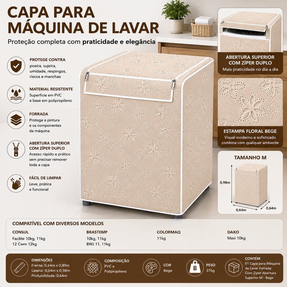 Capa Para Máquina de Lavar Forrada Com Zíper Abertura Superior M - Bege