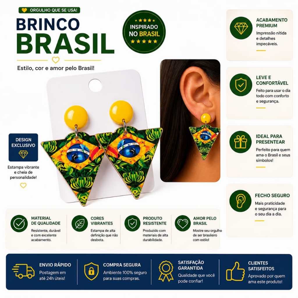 Brinco Feminino Bandeira Brasil Hipoalergênico Leve Tarraxa – Orgulho Nacional