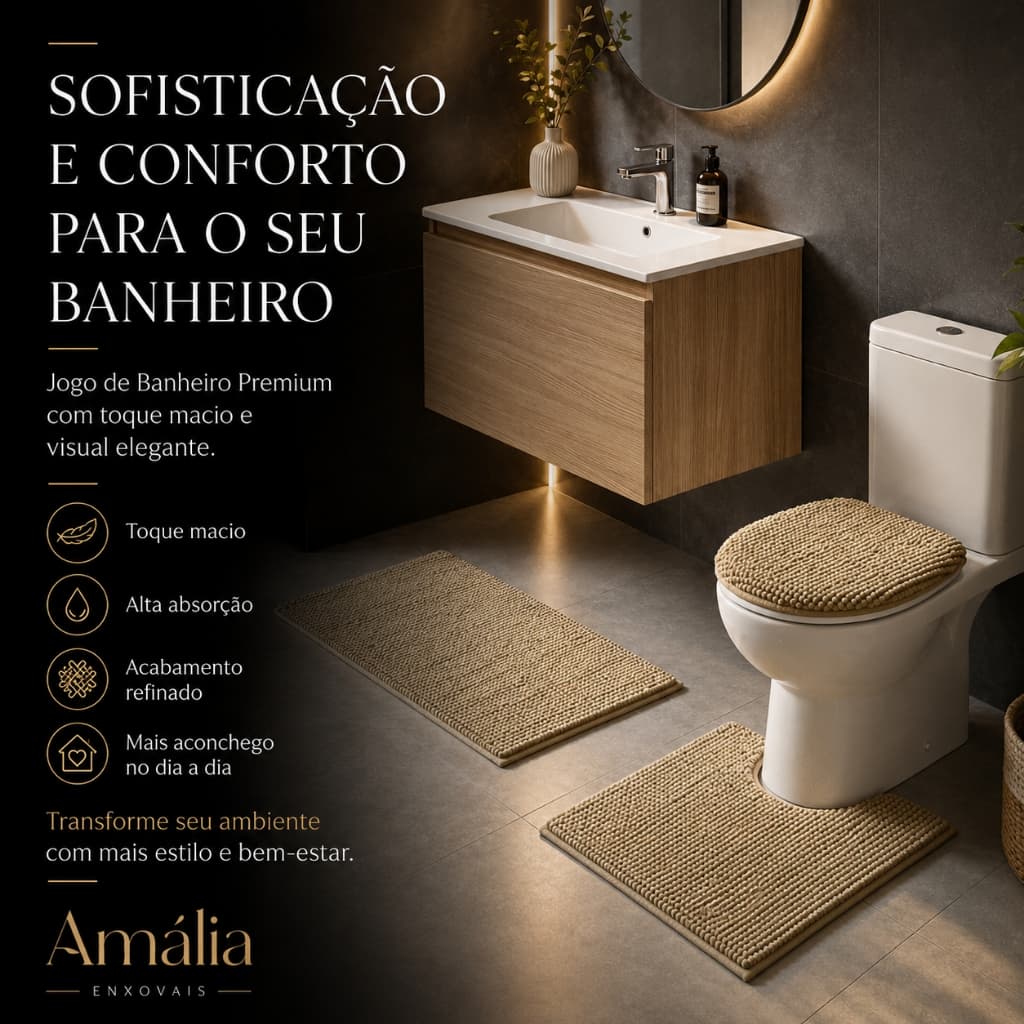 Kit Tapete Banheiro 3 Peças Antiderrapante Microfibra Chenille Pipoca Macio Absorvente