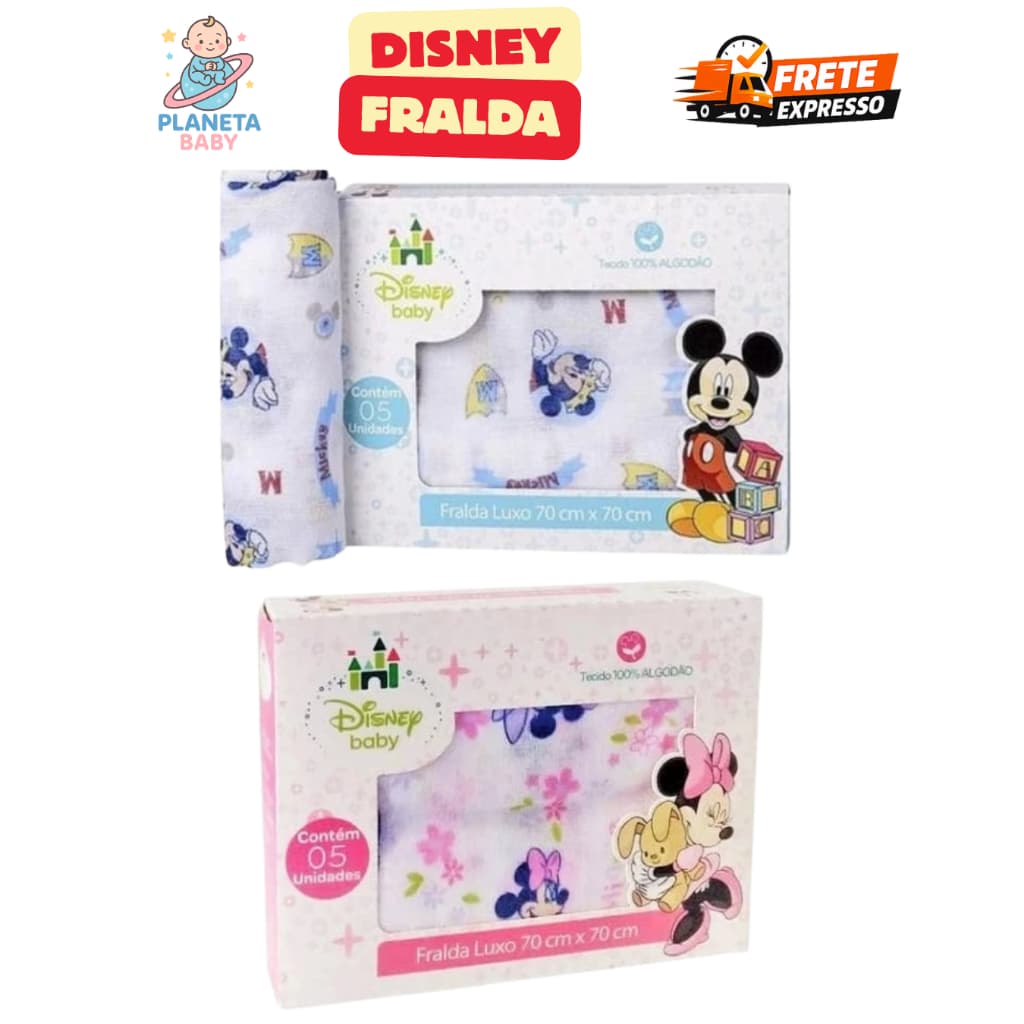 Kit 10 Fraldas Pano Disney Mickey Minnie Luxo com caixa - Menino ou Menina