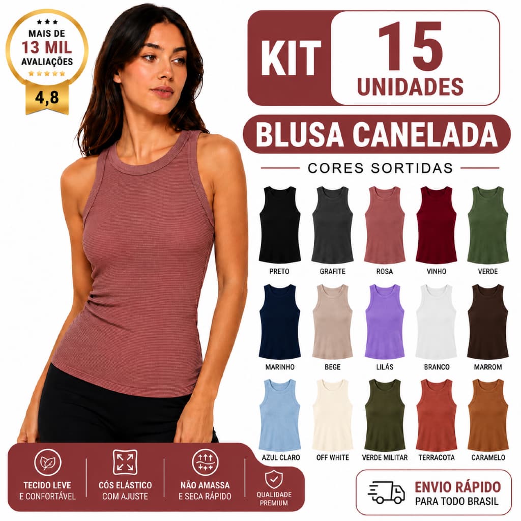 kit 15 unidades atacado Blusa feminina canelada cores variadas para academia e dia a dia