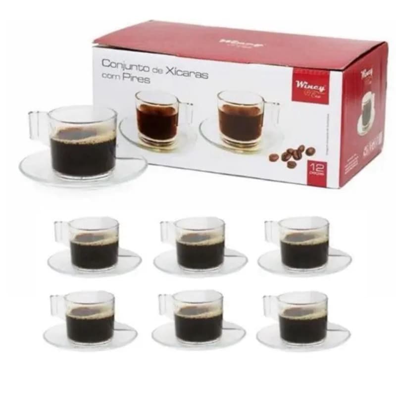 Jogo 6 Xícaras Vidro 90ml Com Pires Apto Micro-ondas e Lava-louças