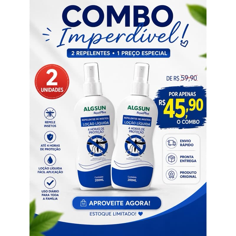 Repelente Algsun Repel Plus Spray 200ml | Proteção Contra Mosquitos, Dengue e Aedes | Uso Familiar