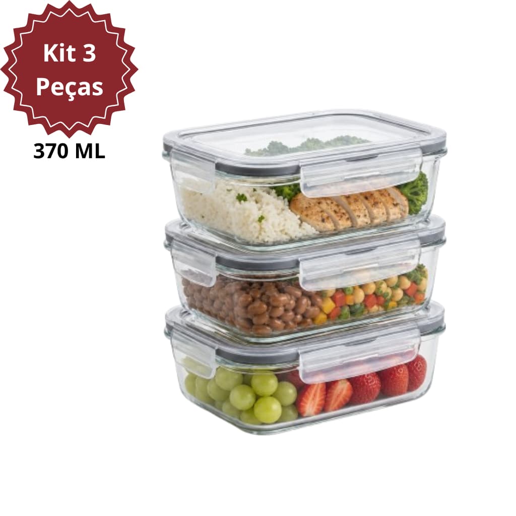 Kit 3 Potes Herméticos Retangular 370ml de Vidro C/ 4 Travas