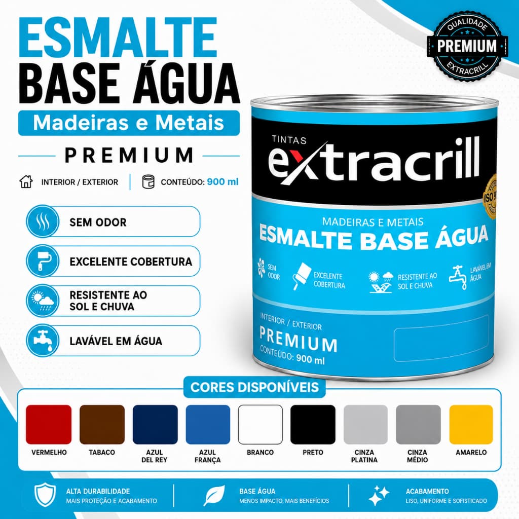 Tinta Esmalte Premium Base Água 900ML Para Madeiras E Metais Extracrill Cores